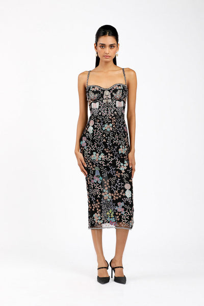 Woman wearing Matilda black tulle net bodycon dress