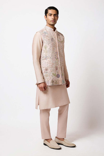 Left side view of pink applique bundi by Aisha Rao