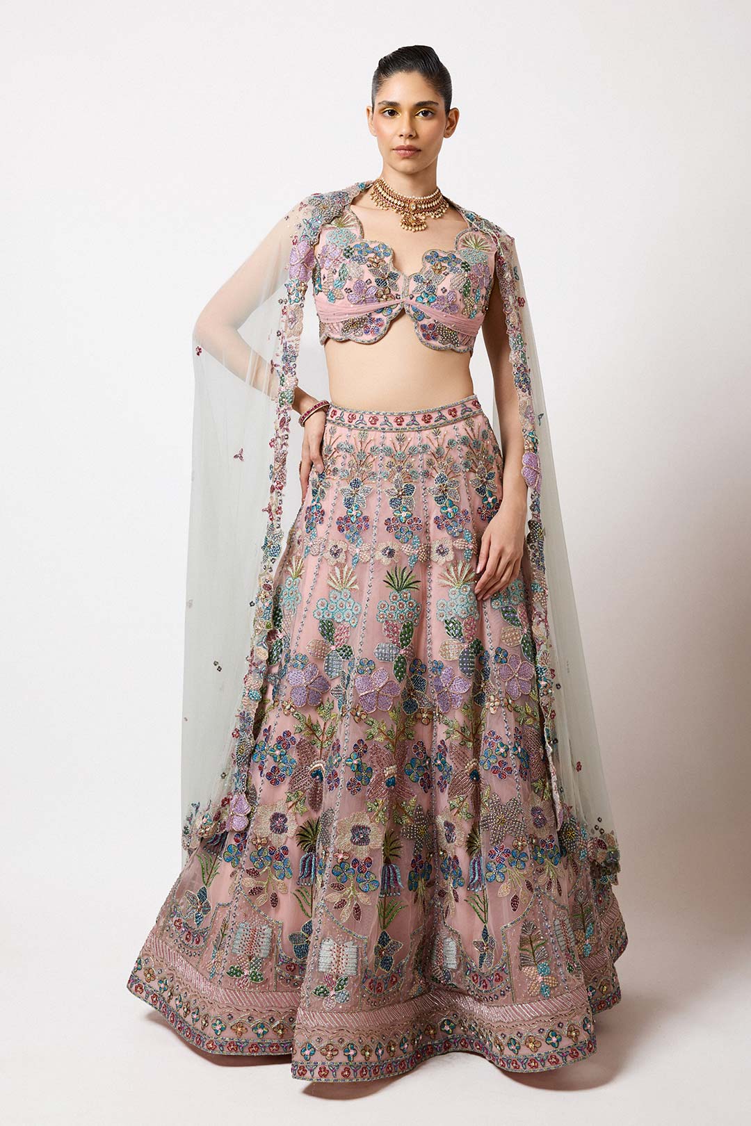 Woman wearing Aisha Rao Matilda Baby Pink Applique Embellished Tulle Net Hk