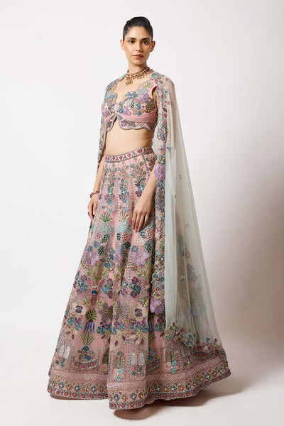 Woman wearing Aisha Rao baby pink tulle applique lehenga