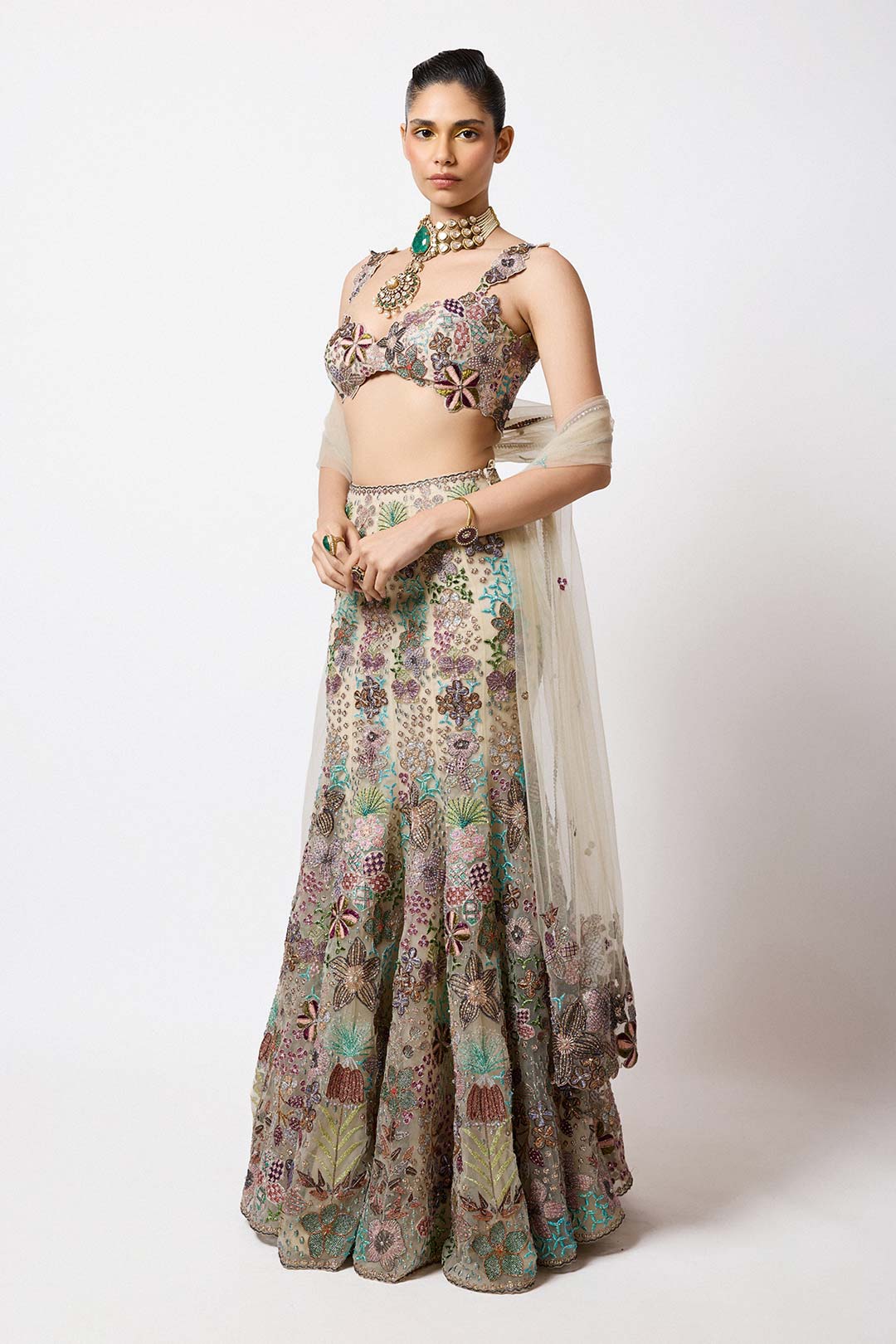 Beige embellished net bustier set front full view