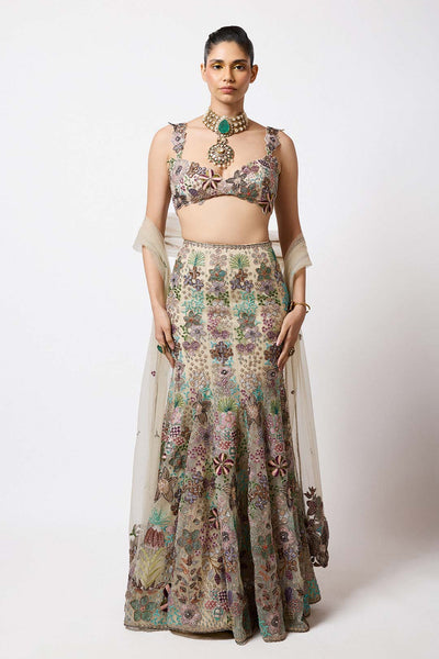 Woman wearing Aisha Rao Matilda Beige Applique Embellished Tulle Net Bustier With