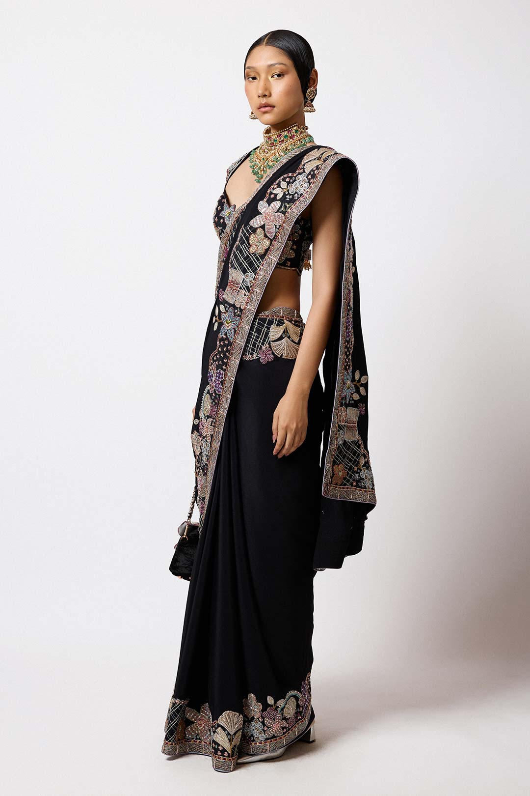 Black embellished crepe outfit by Aisha Rao front view