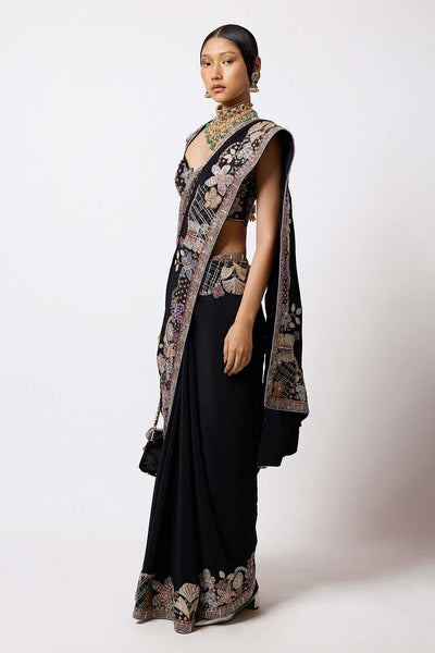 Black embellished crepe outfit by Aisha Rao front view