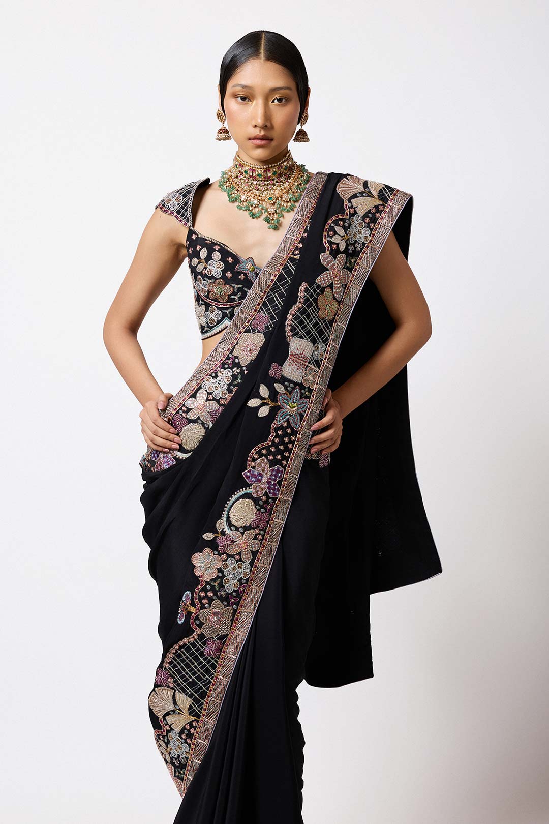 Woman in black broad mulberry crepe set side profile