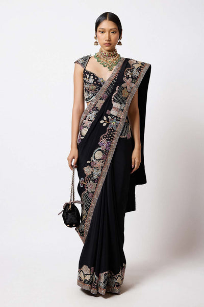Woman wearing Aisha Rao Matilda Black Applique Embellished Mulberry Crepe Broad