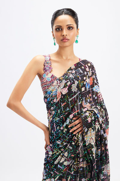 Sequin tulle saree and blouse front close-up Aisha Rao look