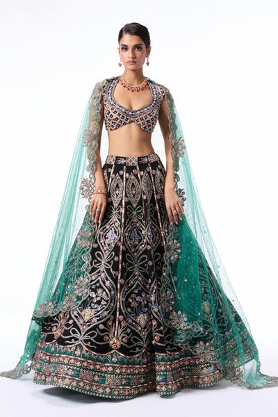 Full look of the Wild At Heart black-teal tulle lehenga with coordinated blouse and dupatta.