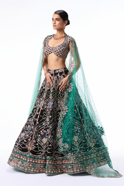 HEARTVALE - Black Teal tulle lehenga