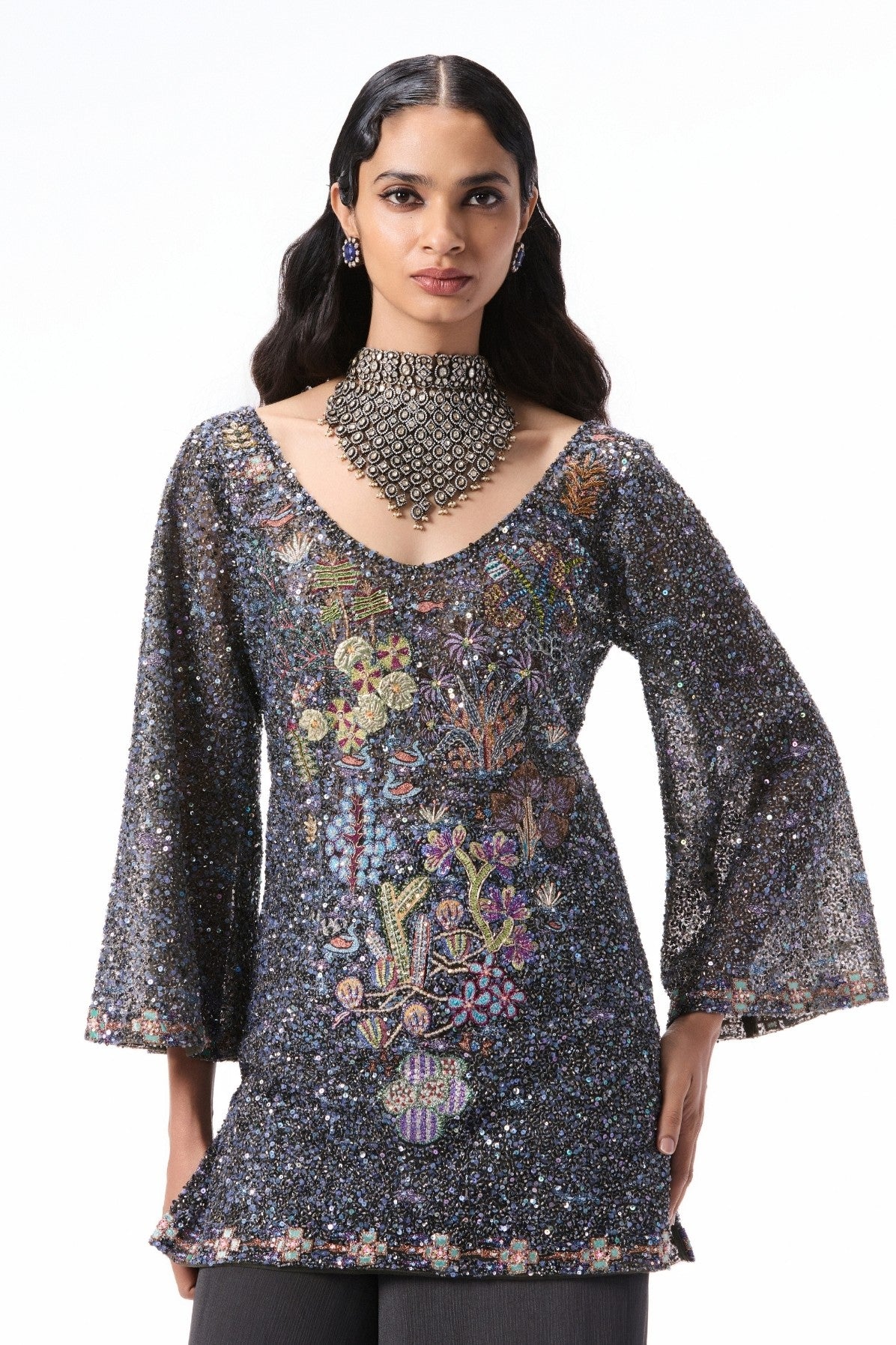 “Gunmetal sharara set with shimmer tulle sequin kurta and chiffon pants from Wild At Heart.”