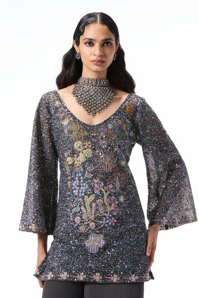 “Gunmetal sharara set with shimmer tulle sequin kurta and chiffon pants from Wild At Heart.”