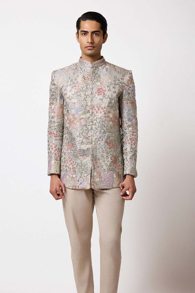 Close-up of blue pearl applique and blouse embroidery front