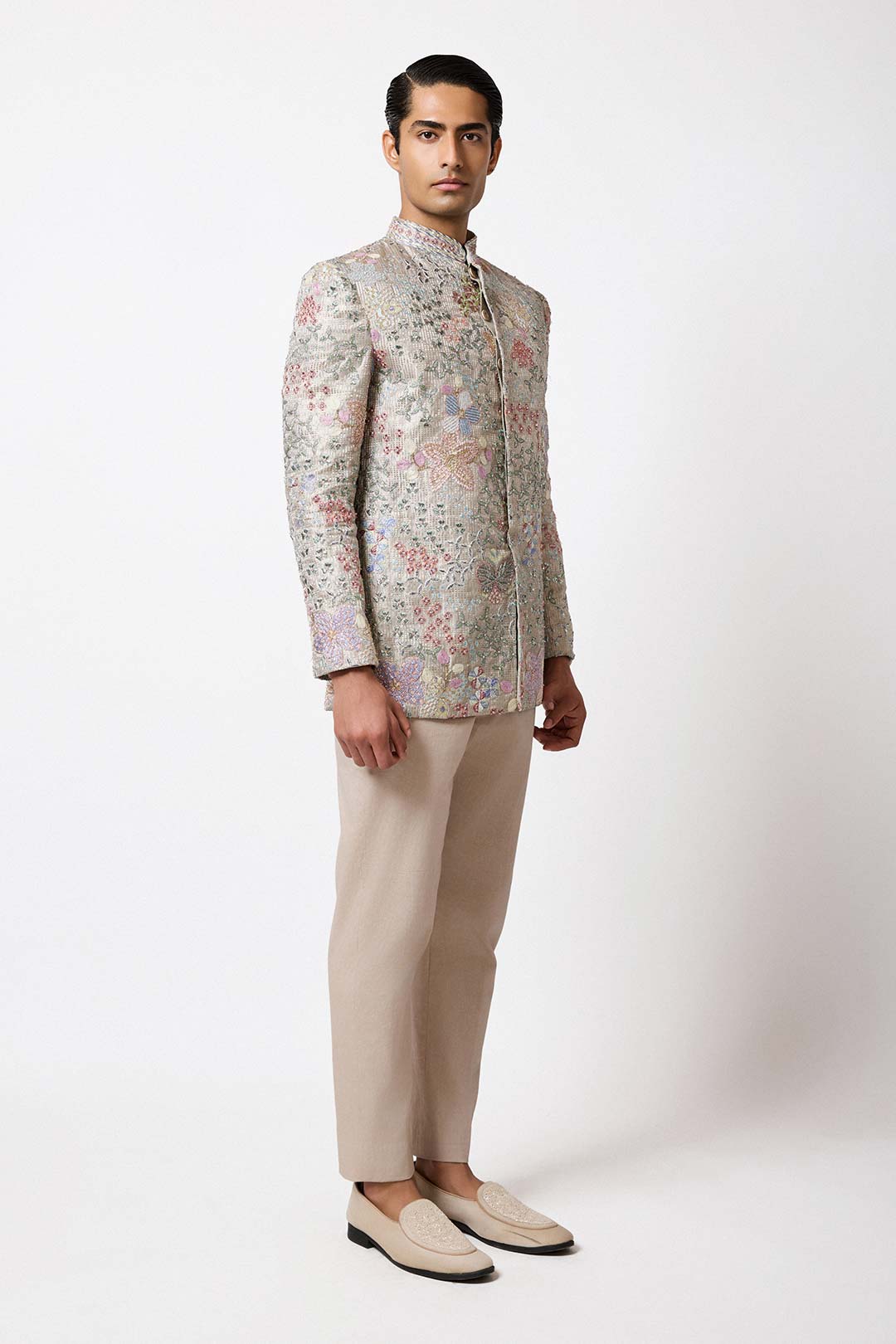 Left side view of blue pearl tissue lehenga by Aisha Rao