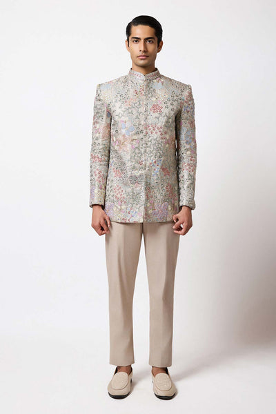 Woman wearing Aisha Rao Matilda Blue Pearl Applique Embellished Banarasi Tissue