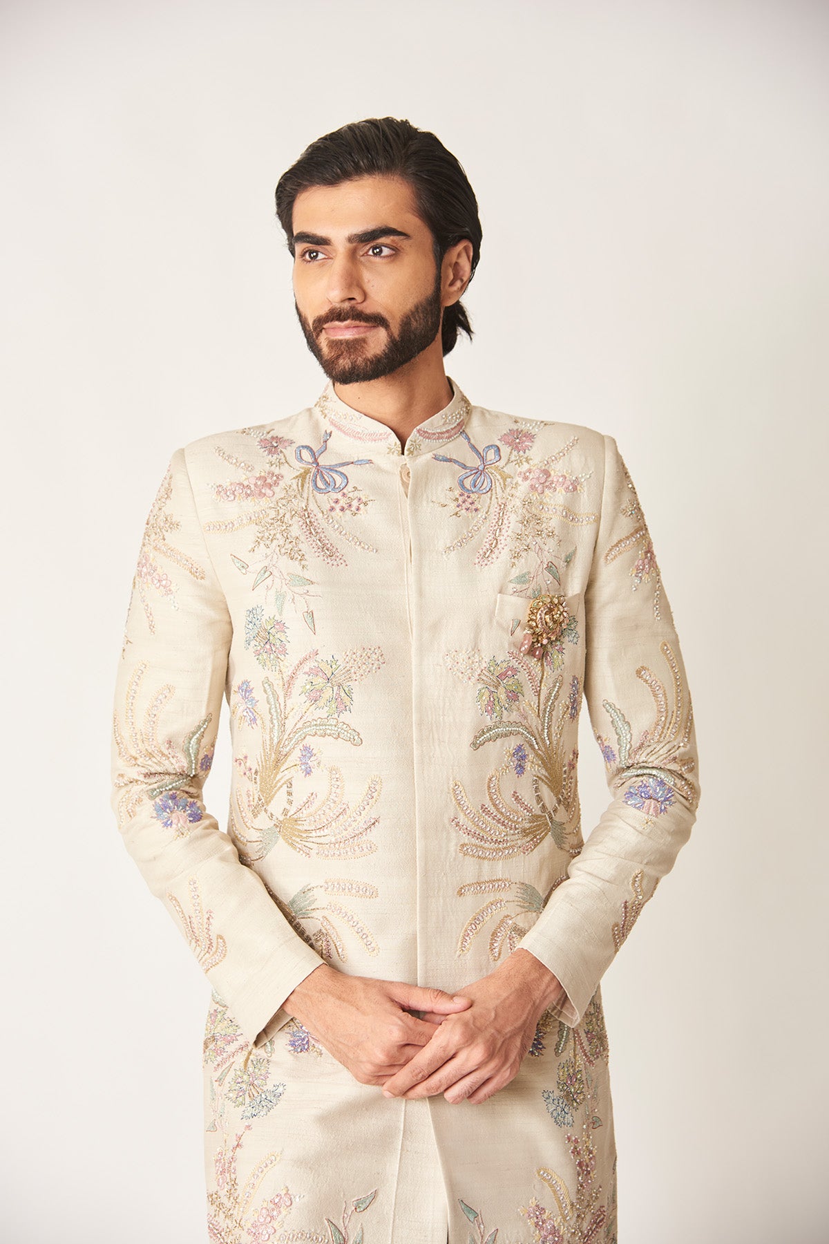 Close-up of embellished sherwani front panel