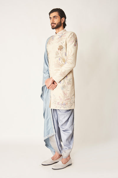 Side view of raw silk sherwani with dhoti