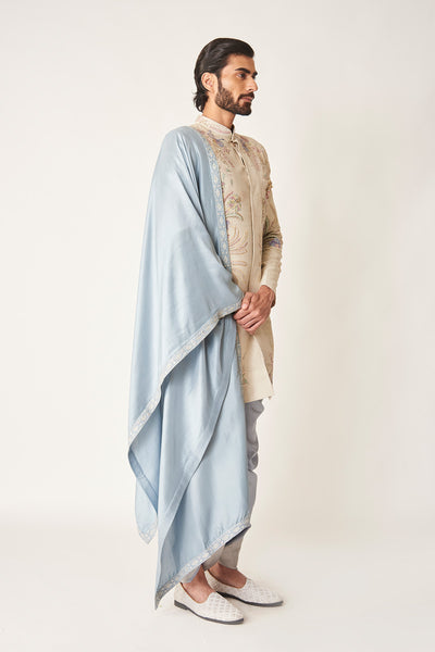 Right view of ivory sherwani, dhoti & shawl