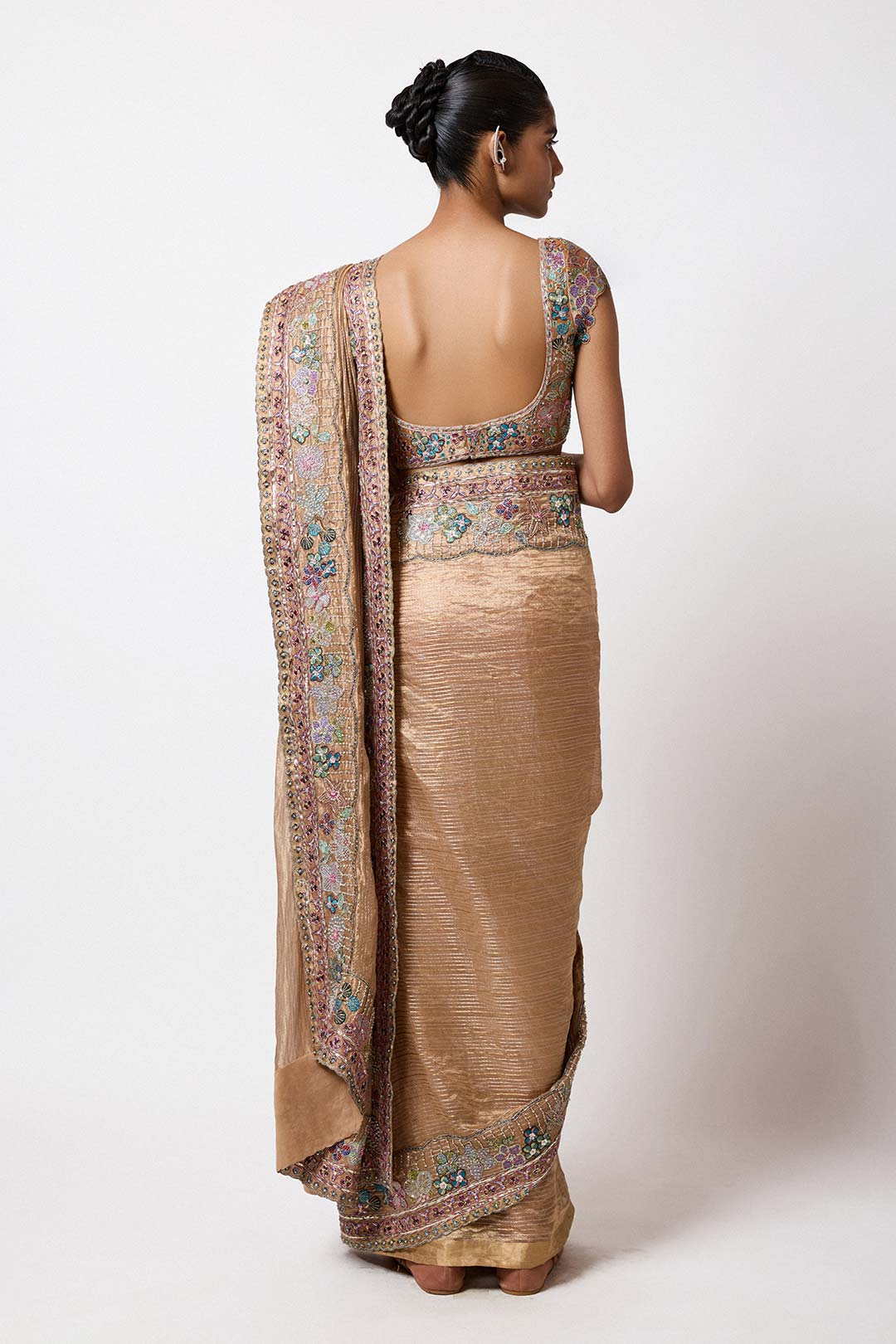 Satin brass embroidery and neckline close-up front view