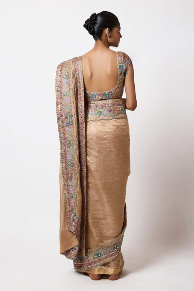 Satin brass embroidery and neckline close-up front view