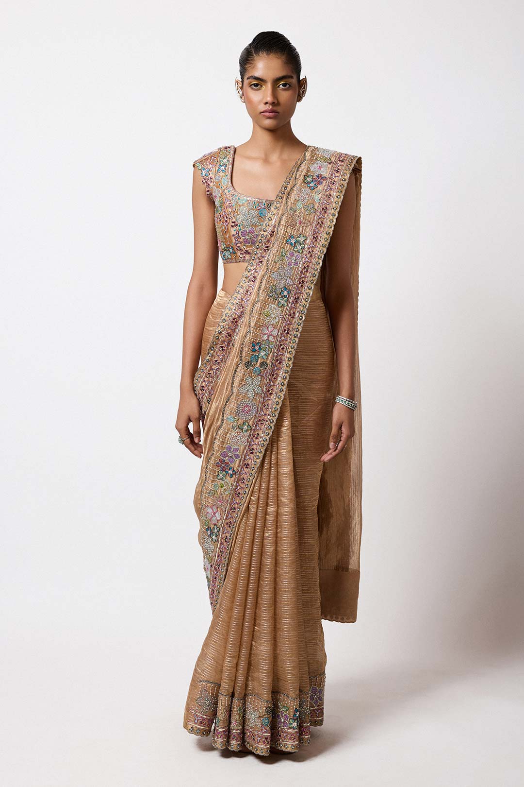 Woman wearing Aisha Rao Matilda Satin Brass Applique Embellished Banarasi Tissue