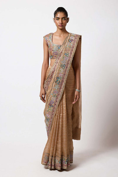 Woman wearing Aisha Rao Matilda Satin Brass Applique Embellished Banarasi Tissue