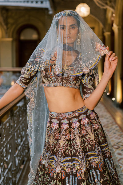 Woman in Aisha Rao embellished lehenga with tulle dupatta draped over face