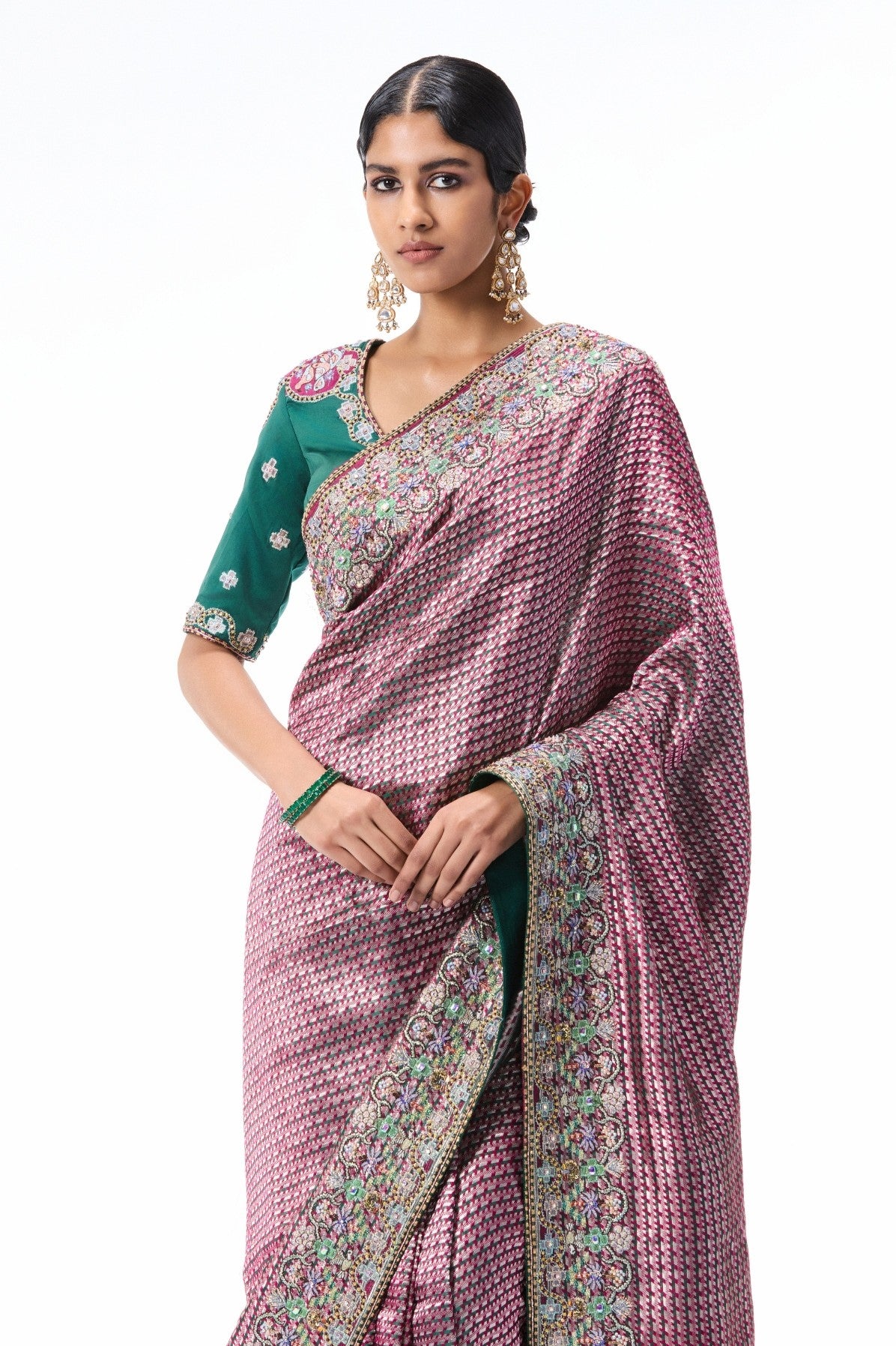 Whisperwild - burgundy-green Banarasi silk saree