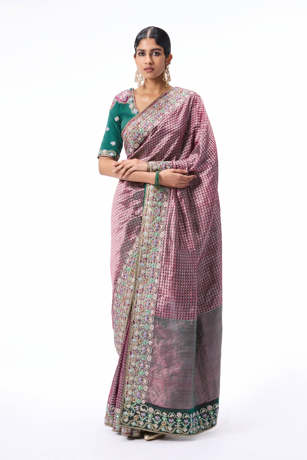 Full look of the Wild At Heart burgundy-green applique embellished Banarasi silk saree with satin blouse.