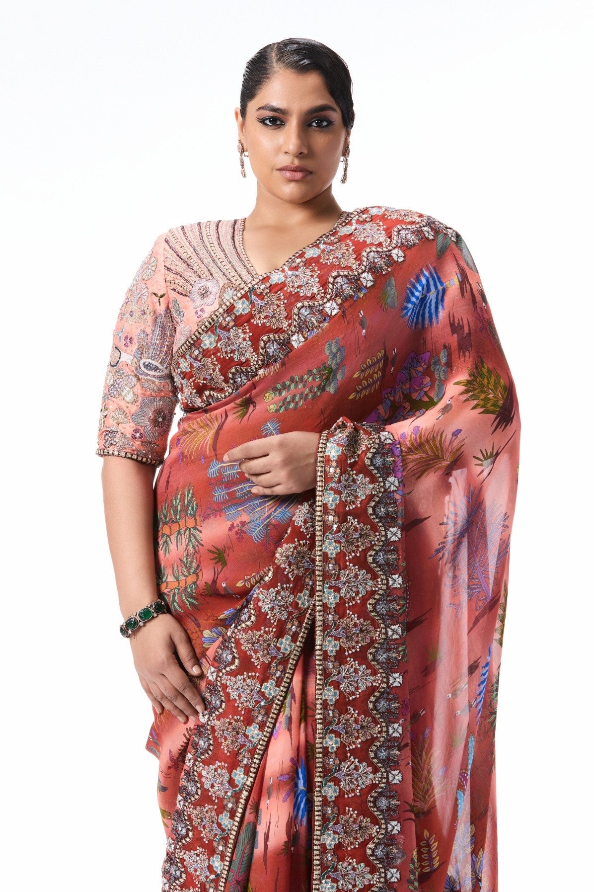 Blushsong - cantaloupe-rust printed viscose organza saree