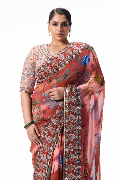 Blushsong - cantaloupe-rust printed viscose organza saree