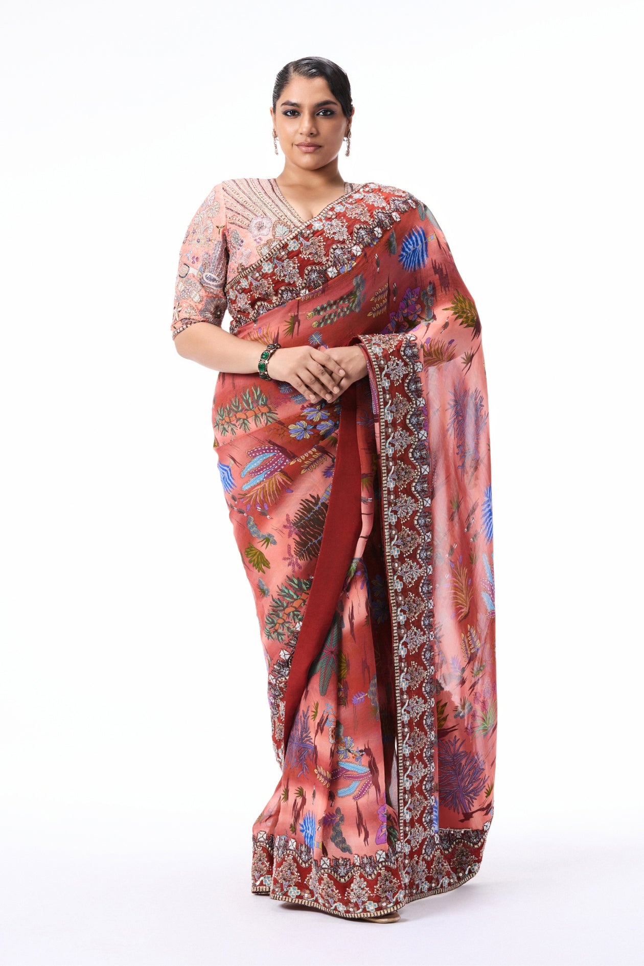 Blushsong - cantaloupe-rust printed viscose organza saree