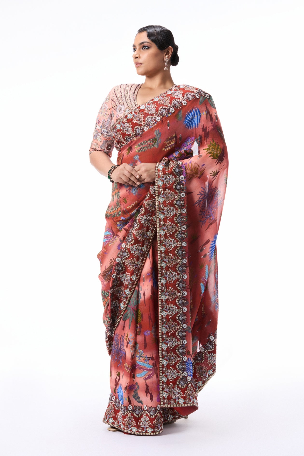 Blushsong - cantaloupe-rust printed viscose organza saree