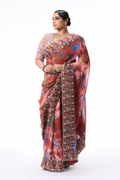 Blushsong - cantaloupe-rust printed viscose organza saree