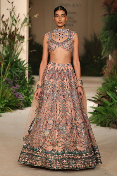 Full look of the Wild At Heart cantaloupe-teal applique embellished tulle lehenga with blouse and dupatta.