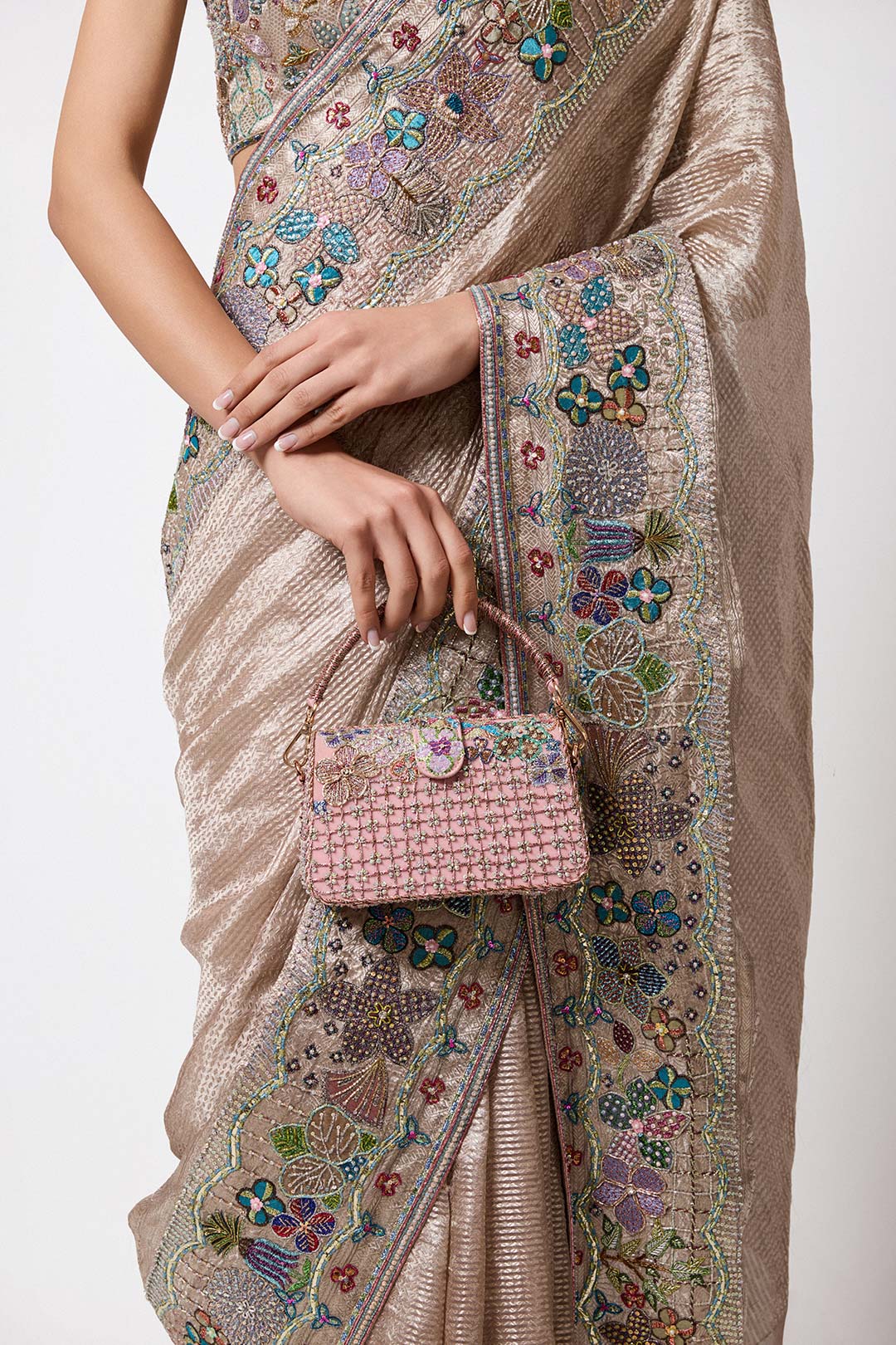 Front embroidery and brocade texture close-up view