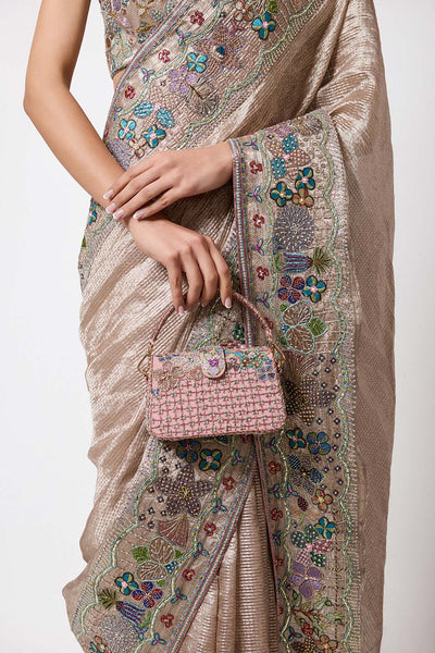 Front embroidery and brocade texture close-up view