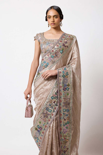Woman wearing Aisha Rao champagne Banarasi tissue front