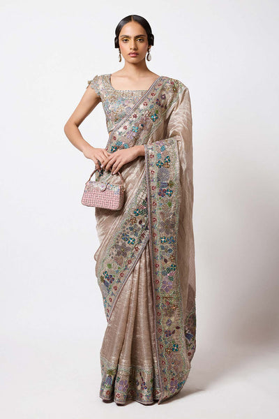 Woman wearing Aisha Rao Matilda Champagne Applique Embellished Banarasi Tissue