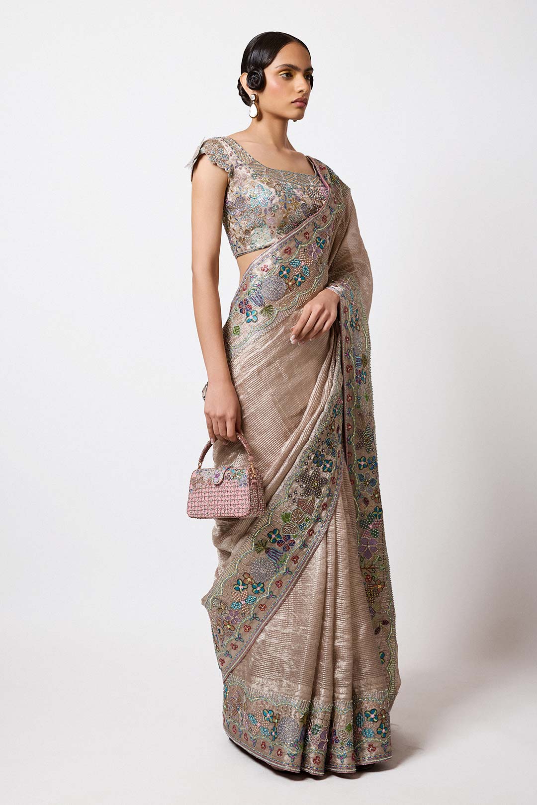 Champagne Banarasi neckline and motif embroidery close-up