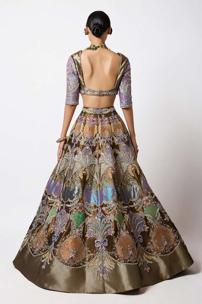 Back angle of copper applique lehenga and blouse