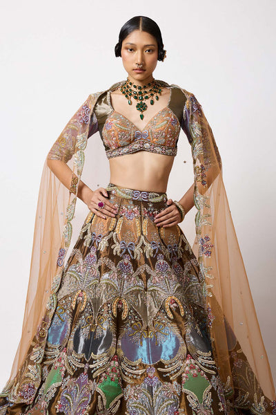 Left side view of Aisha Rao copper applique tissue lehenga