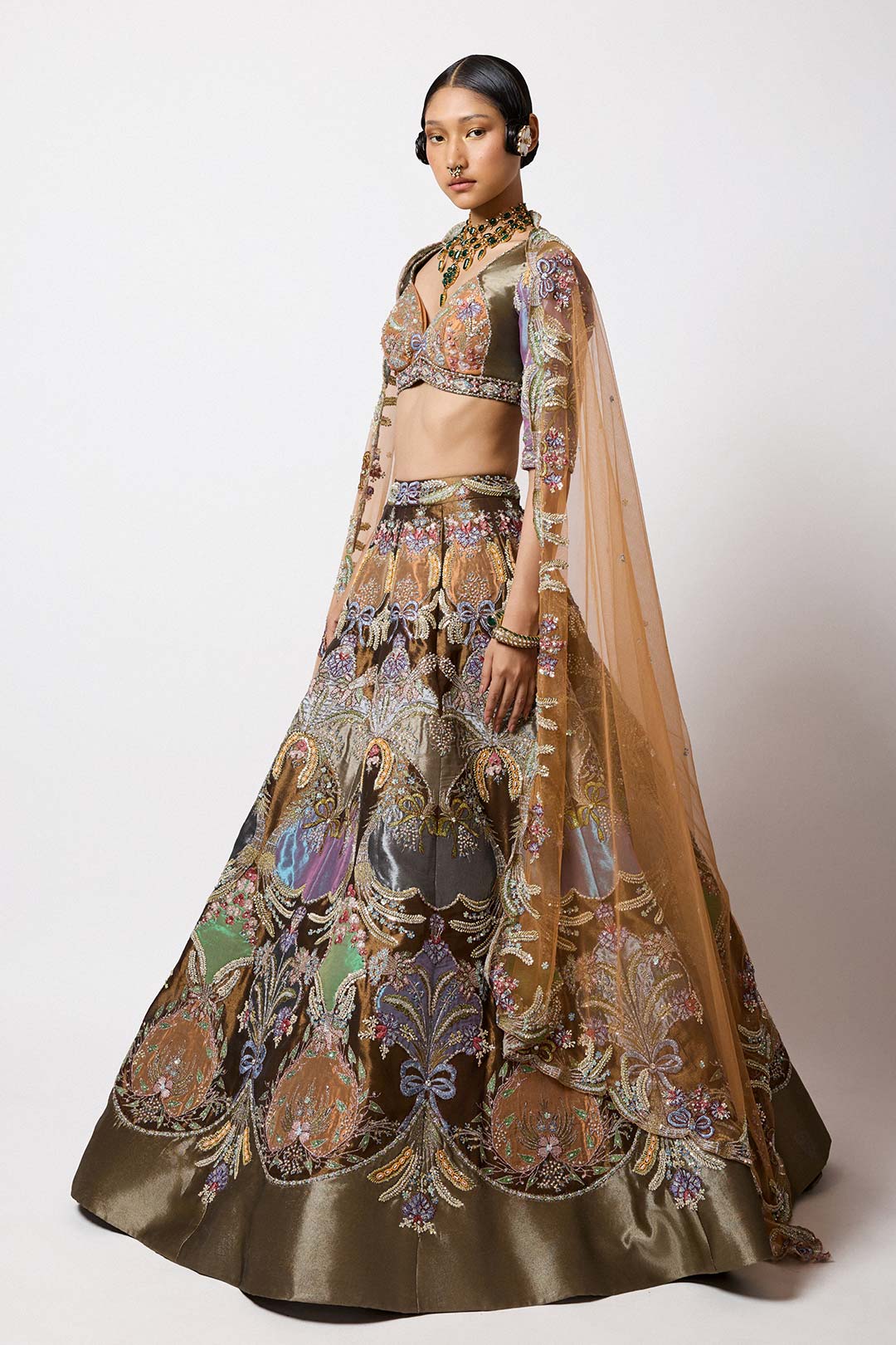Aisha Rao metallic lehenga side profile with applique work
