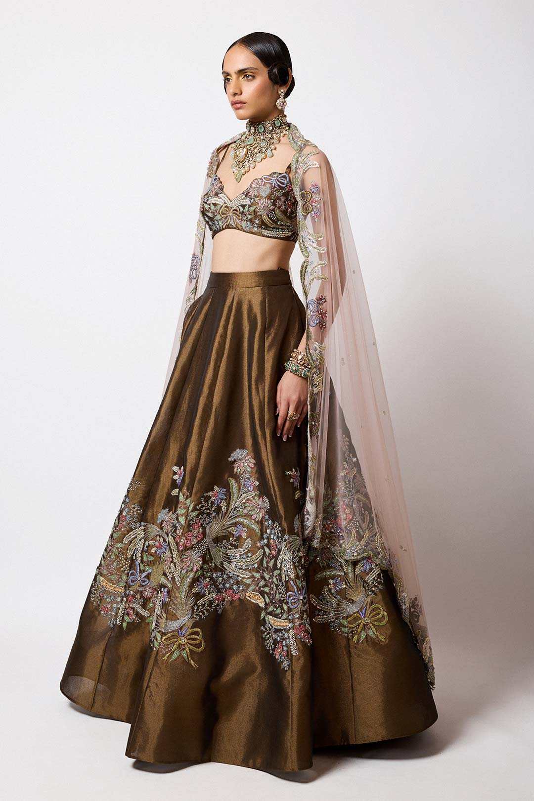 Copper applique MK lehenga side profile by Aisha Rao