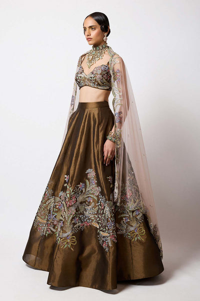 Copper applique MK lehenga side profile by Aisha Rao