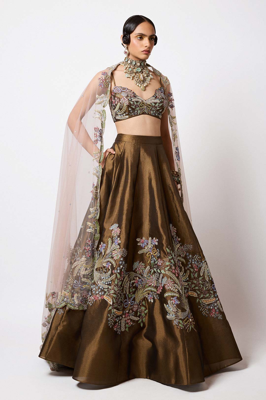 Aisha Rao MK lehenga side profile in copper metallic