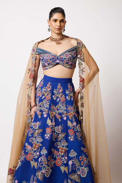 Off-shoulder blouse and lehenga detail Aisha Rao close-up