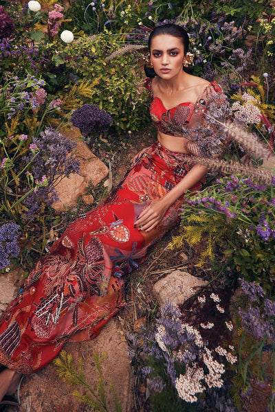 Aisha Rao fiery red printed set left angle with organza fabric