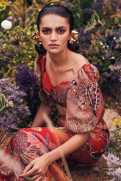 Printed organza fishtail skirt side view close-up Aisha Rao