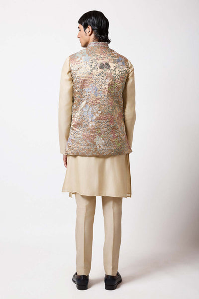 Close-up of back applique motif and brocade fabric detail