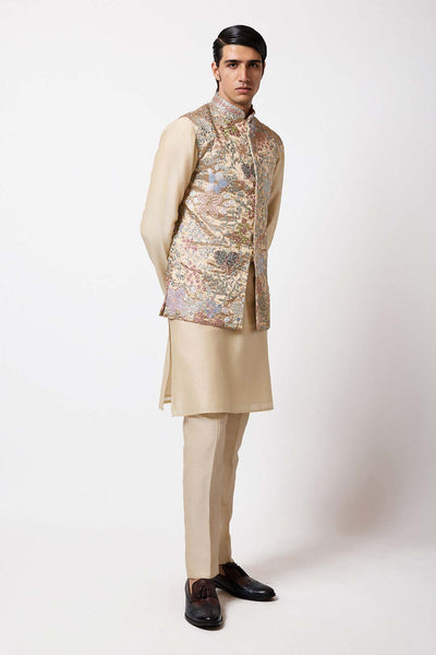 Right side view of desert gold embellished bundi jacket